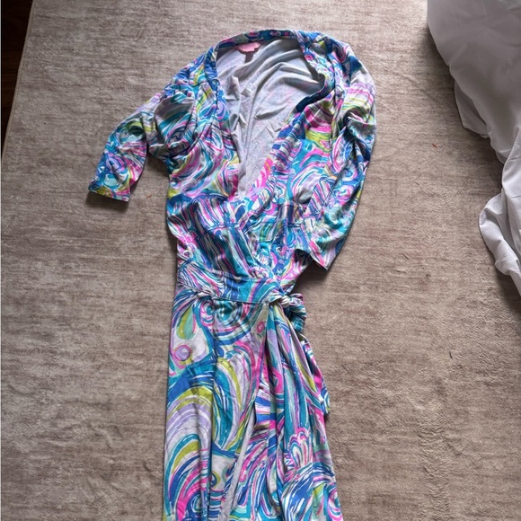 Lilly Pulitzer EMILIA WRAP DRESS Multi Gillty Pleasure Blue Pink size small - Picture 2 of 3